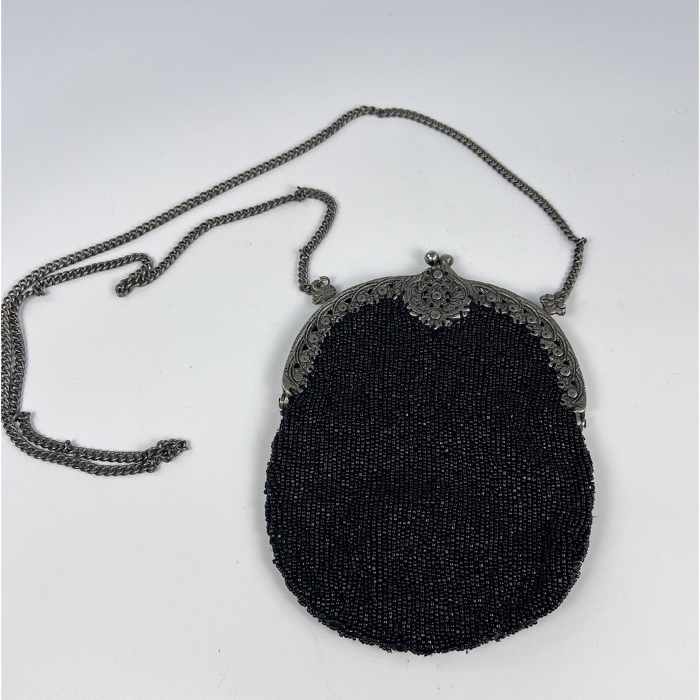 Vintage Christiana Black Beaded Evening Bag Metal Frame Purse Silk Lined Mirror